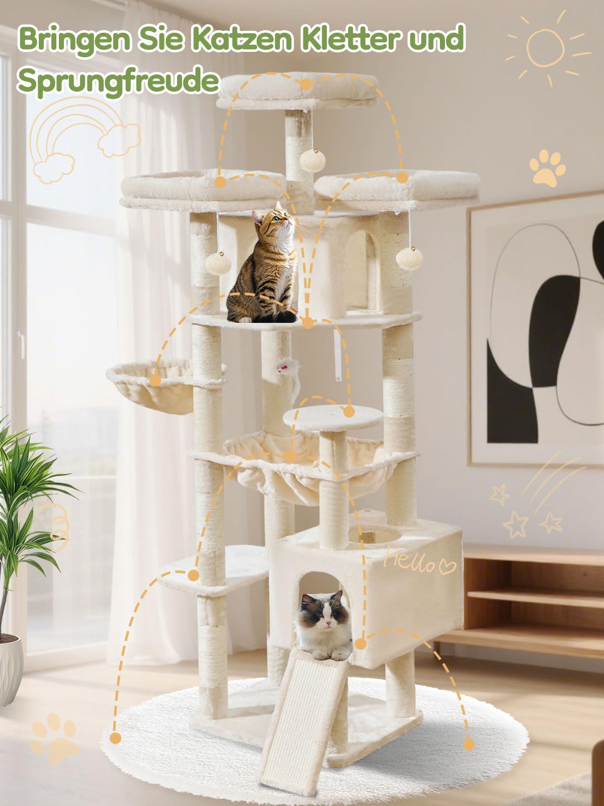 Taoqimiao 193cm Kratzbaum XXL, Großer Katzenbaum Für Große Katzen, MS047M | 3 Große Plattform, Katzenkratztafel, Mehrstöckig, Einfache Montage, 2 Katzenhaus, 7 Kratzsäulen, Hängematte, Korb, Beige