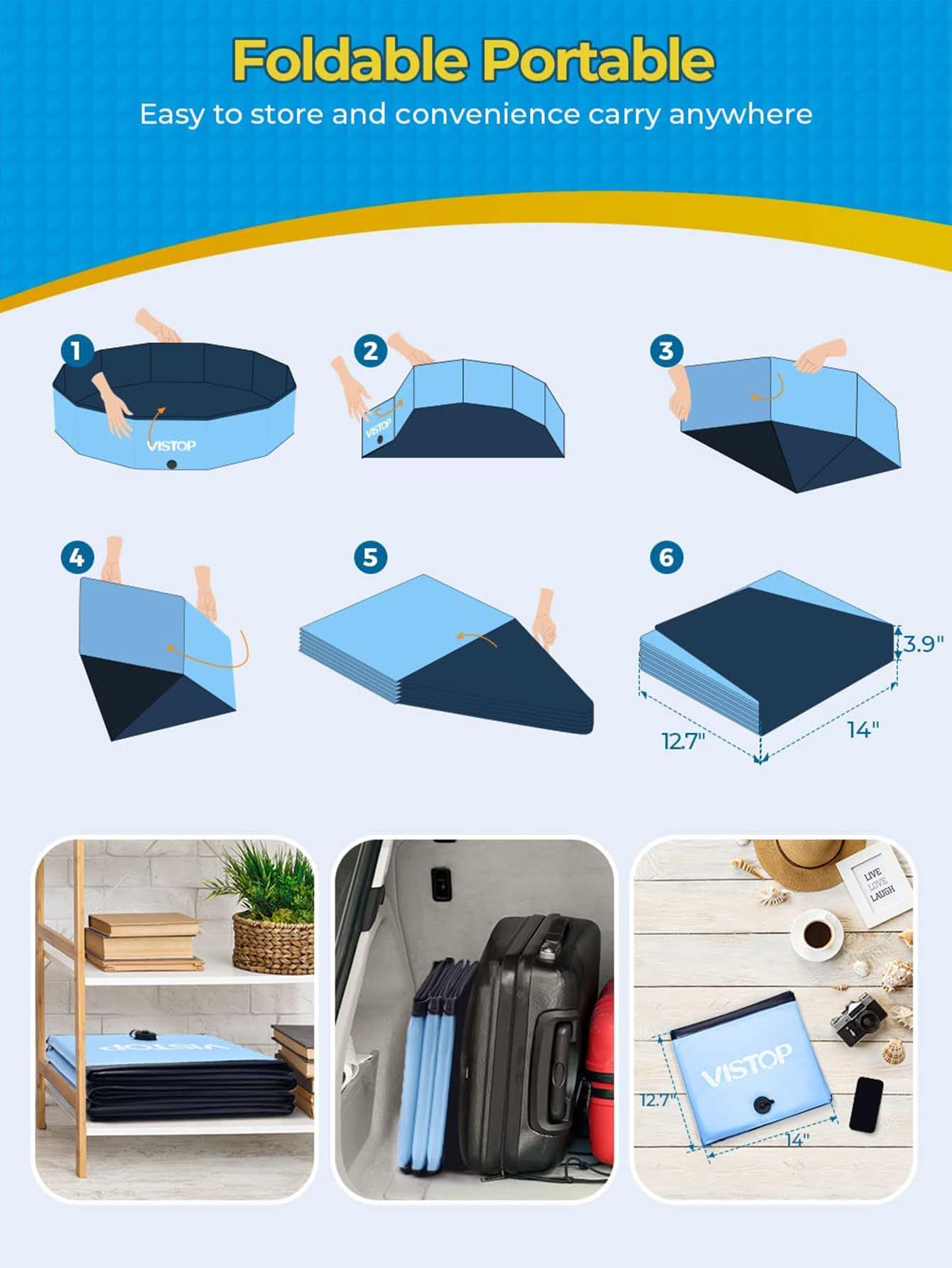 VISTOP Piscina pieghevole Jumbo per cani, in plastica rigida, portatile, per cani, gatti e bambini, vasca da bagno pieghevole per bambini (297,2 cm di profondità x 39,9 cm di altezza, blu)