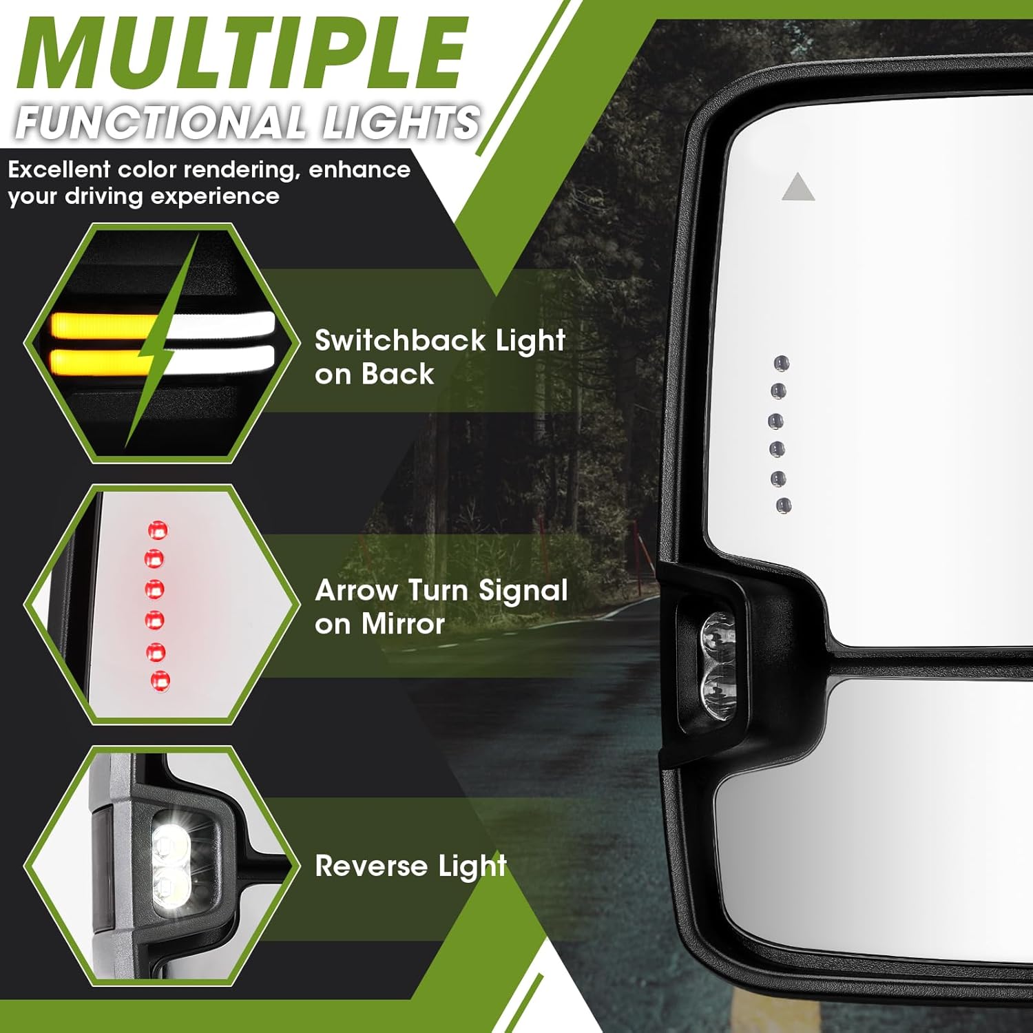 Towing Mirrors for 2007-2021 Tundra / 2008-2017 Toyota Sequoia, Switchback Dynamic Running Light Heated BSM Power Glass (Smoke Lens)