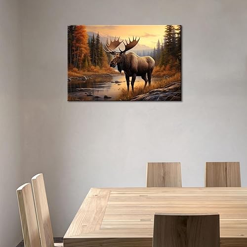Miniatura 4 de GLOKAKA Arte de pared de alces de naturaleza y alce en el río, decoración de pared impresa, pintura de animales silvestres, póster retro para