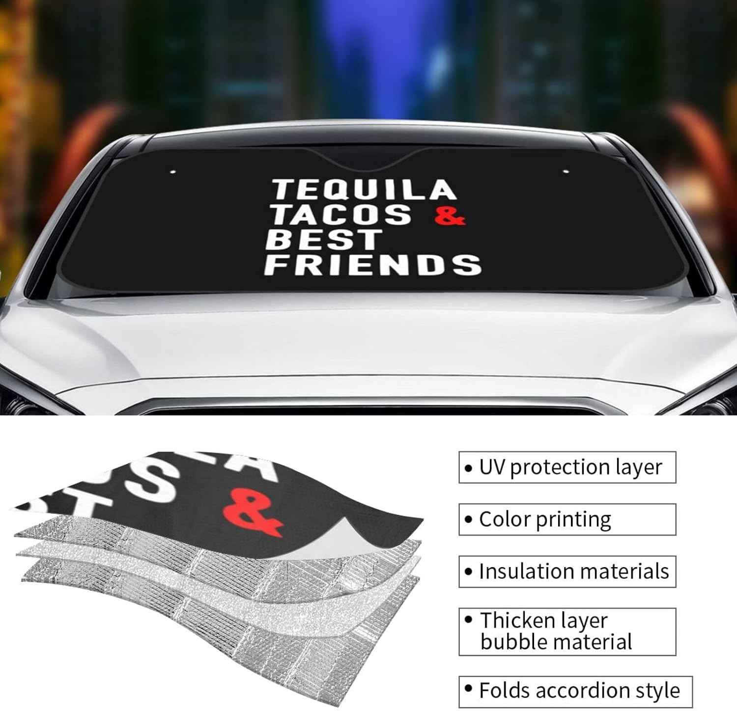 Tequila Tacos and Best Friends Car Windshield Sunshade Foldable Car Windshield Visor for Most Car Sedan Truck SUV Car Windshield Visor Blocks Uv Rays and Heat