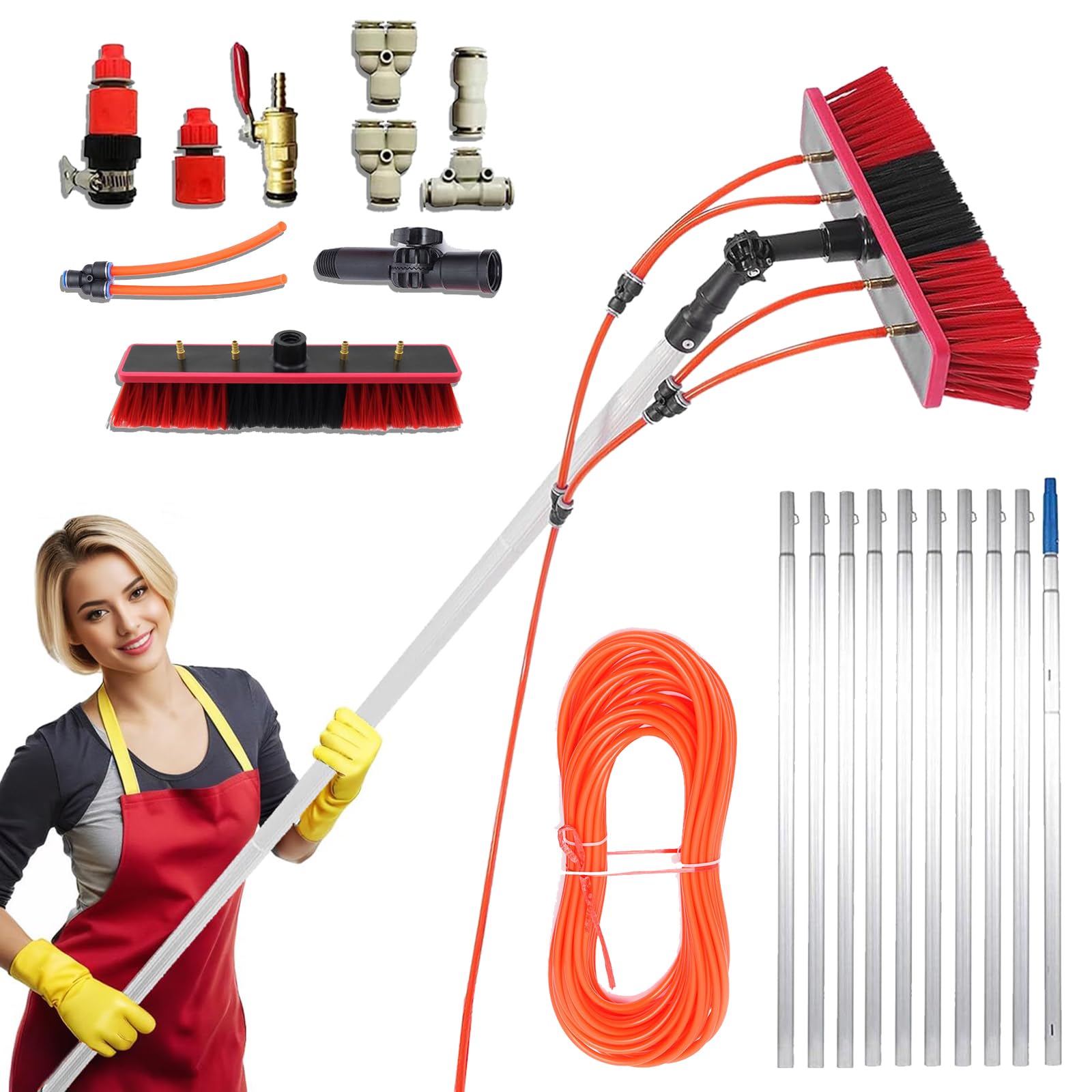 ZBBGTJK 12m (39FT) Telescopic Window Cleaning Kit - Water Fed Brush with 20m PU Tube & 55cm Head for Trucks, Boats, Cars - Solar Panel Cleaning Equipment