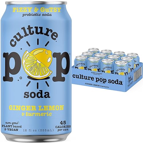 Culture Pop Soda, Ginger Lemon & Turmeric, Probiotic Low Sugar Soda, Sparkling Juice Alternative, Non-GMO, Kosher, Gluten-Free, No Stevia (12pk) - Ginger Lemon - 12 Fl Oz (Pack of 12)