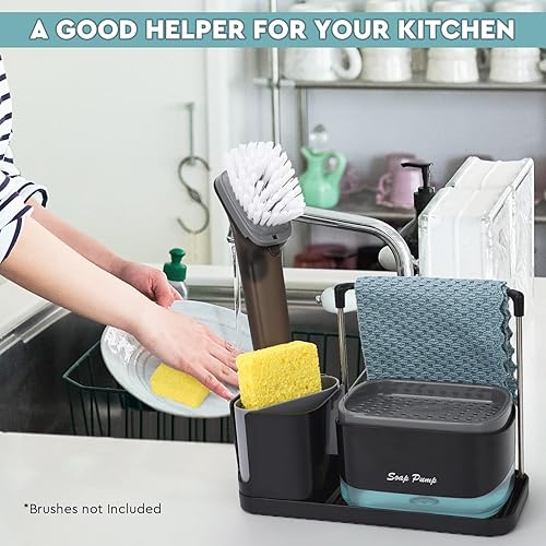 Vista 4 de Bestseek Juego de dispensador de jabón de cocina con bandeja y soporte para esponja, organizador de fregadero con paño de cocina y soporte