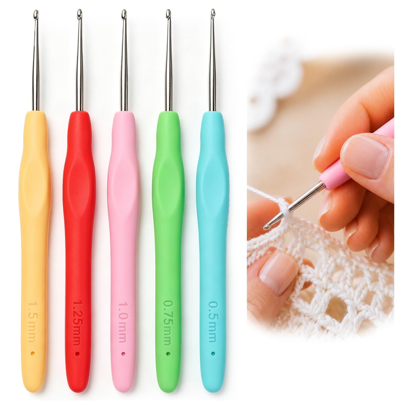 5Pcs Crochet Hooks Set, Ergonomic Soft Handle, Smooth Aluminium Needles