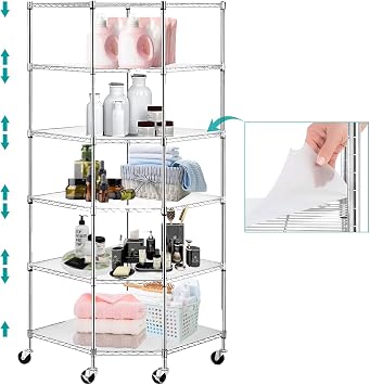 BNSPLY 6 Tier Corner Wire Shelving Unit, Adjustable Metal Storage Rack, Mobile Corner Wire Shelves for Kitchen, Laundry, Bathroom, Pantry, Closet Organization 26.7" D x 26.7" W x 71" H, Chrome