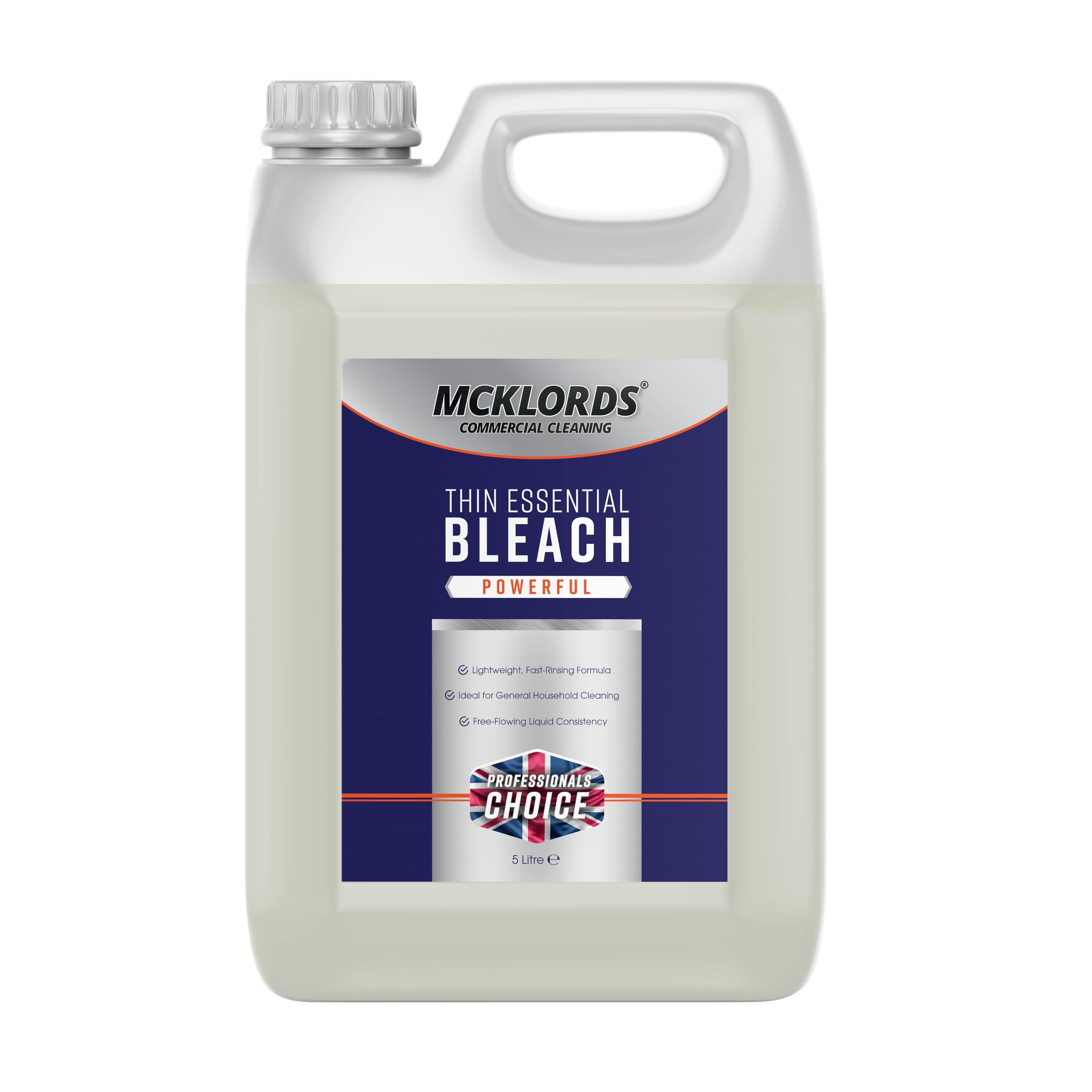McKLords Commercial - Thin Essential Bleach 5L - All Purpose Thin Bleach Cleaner for Bathrooms and Surfaces - Fast Rinsing, Versatile Household Cleaning Solution