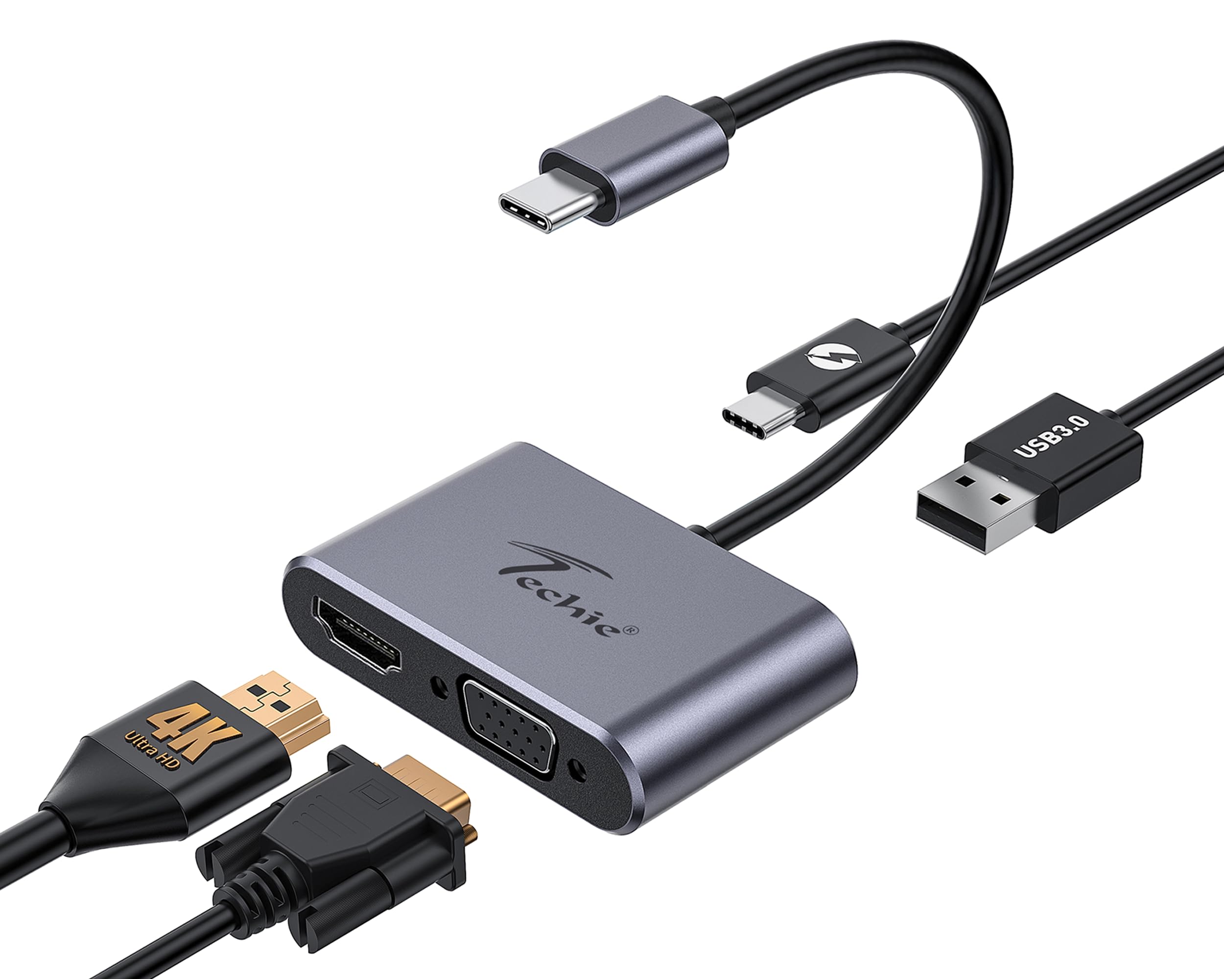 Techie Type-C 4-in-1 Hub with HDMI 4K, VGA 1080P, USB 3.0 5Gbps, and 100W Power Delivery for MacBook iPad Pro Windows Laptops and Tablets (Silver)-picture-10