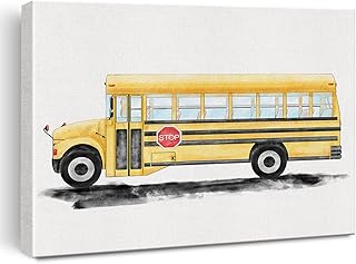 School Bus Canvas Wall Art Watercolor Transportation Vehicles School Bus Canvas Painting Prints for Home Kids Bedroom Nursery Wall Decor Framed Artwork Gifts(12x15 Inch)