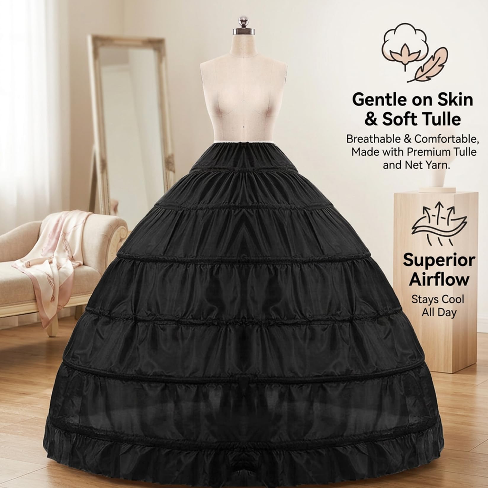 Jupon Crinoline pour Femme, Jupon à 6 cerceaux avec Cadre en Acier pour Une plénitude sous la Robe
