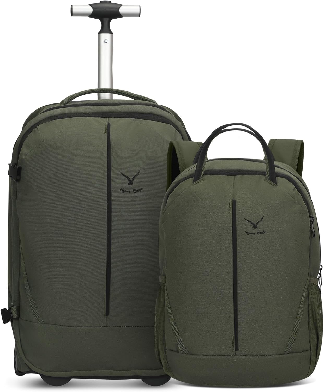 Hynes Eagle 2 in 1 Travel Backpack Set Rolling Backpack with Wheels Carry on Luggage 43L with Personal Item Bag for Men Women Army Green