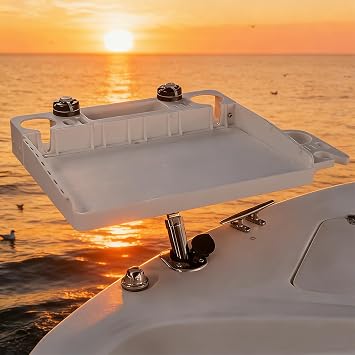 Boat Cutting Board Bait Table with Stainless Steel Arm, Single Rod Holder, 360 Rotating Surface, Knife & Plier Slots, Drain Channel Fish Cleaning & Fillet Station for Boats & Grills