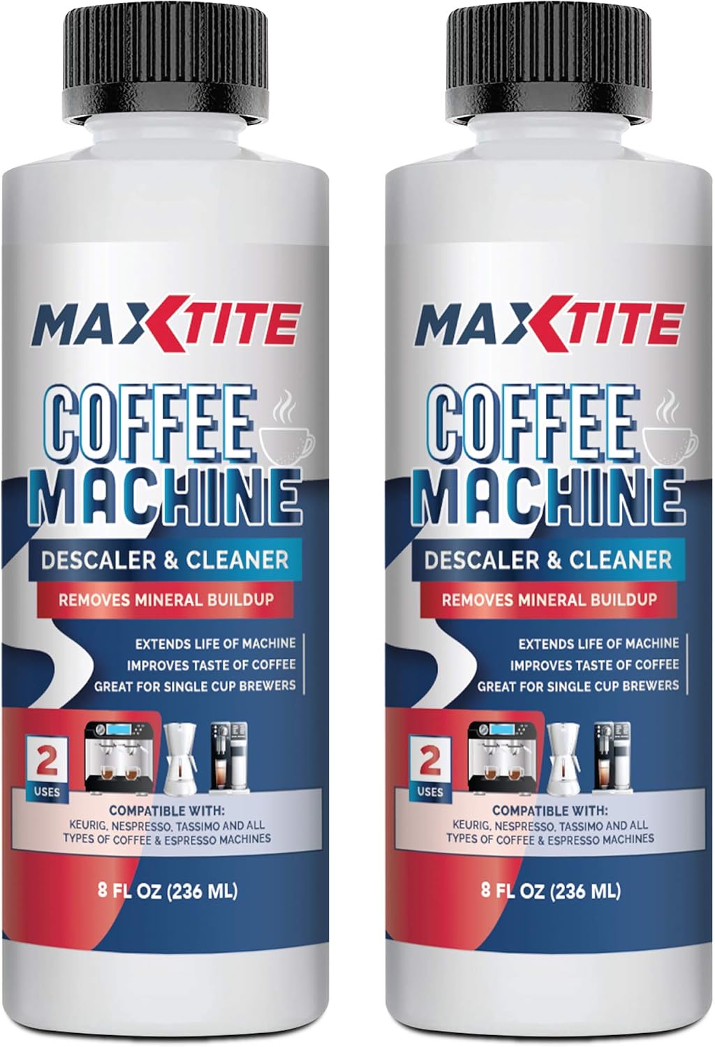 MAXTITE 8oz Coffee Machine Descaler 2 PACK, 2 USES PER BOTTLE, Coffee Pot Cleaner, Coffee Maker Cleaner, Descaler Solution, Coffee Maker Cleaner And Descaler, Espresso Machine Cleaner, Kettle Descaler