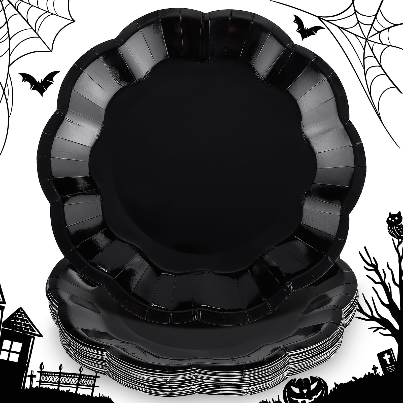 NatNarr 30 Pcs Black Paper Plates, 9 Inch Scalloped Halloween Dinner Plate