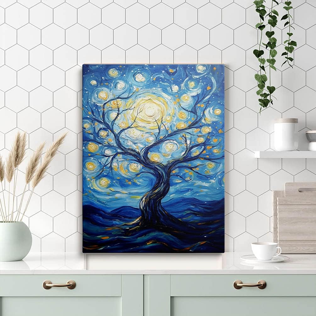 Framed Van Gogh Canvas Wall Art Set, Colorful Abstract Tree of Life & Starry Night Paintings, Boho Wall Decor for Living Room, Bedroom, Bathroom, Blue Artwork for Walls Ready to Hang (16''x24'')