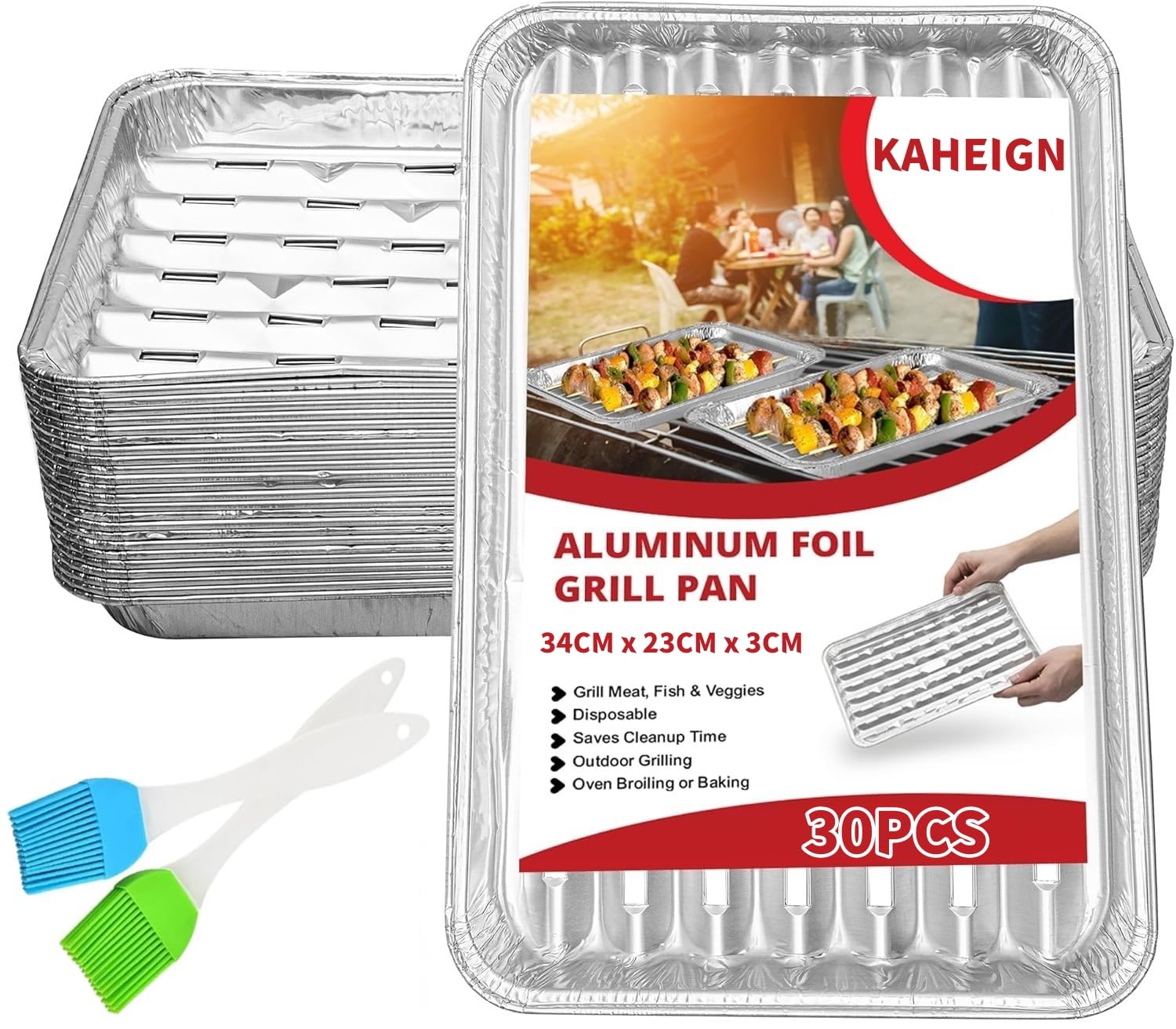 KAHEIGN 30 Piezas Bandejas Desechables para Barbacoa, 34CM x 23CM x 3CM Plato Perforadas de Aluminio para Asar a la Parrilla con Agujeros y Fondo Acanalado para Horno Carbón Barbacoa Asado Hornear