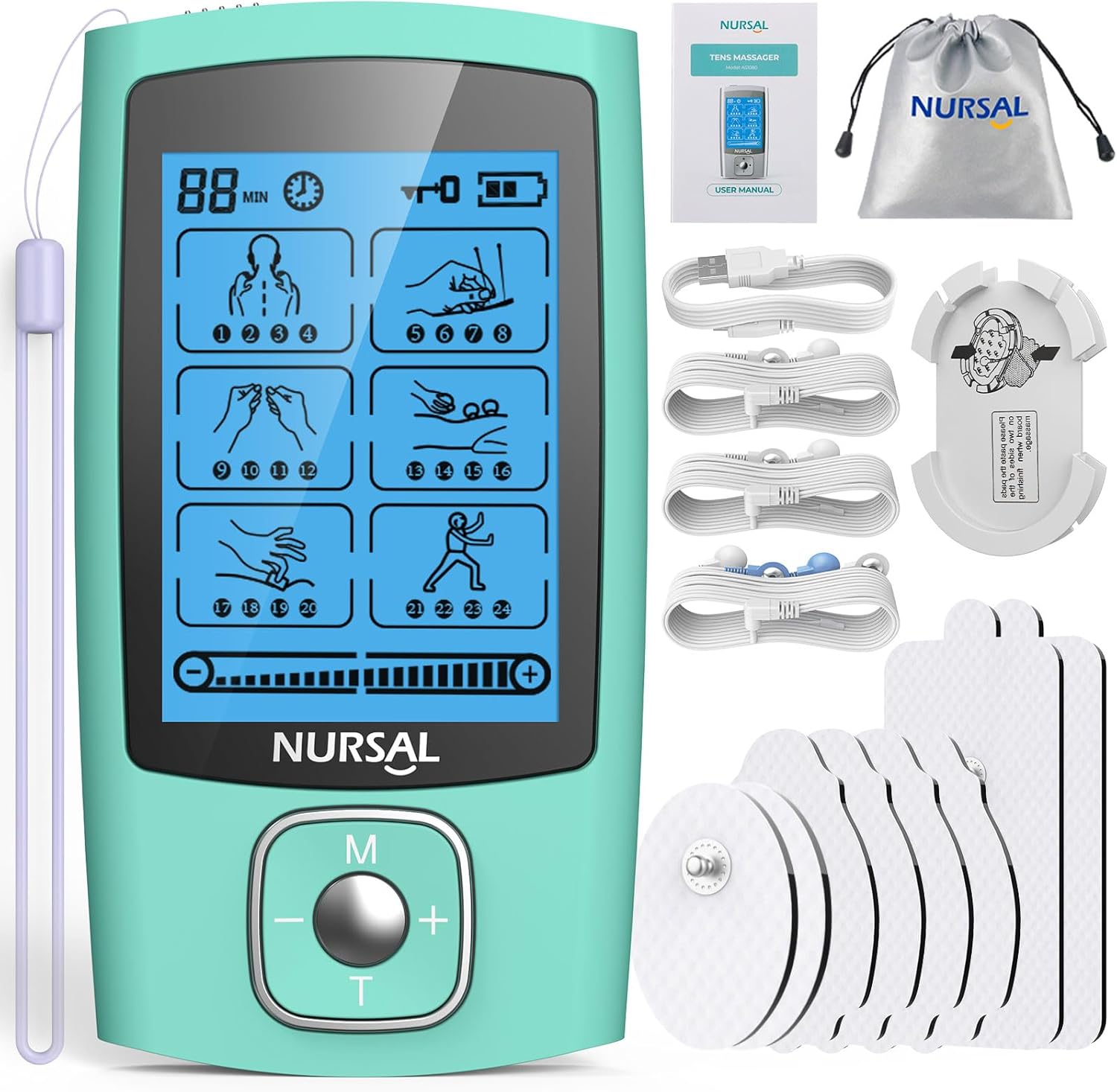 NURSAL 24 Modes TENS Unit Muscle Stimulator, Rechargeable Electronic Pulse Massager with 8 Pads for Back and Shoulder Pain Relief and Muscle Strength (Cyan)