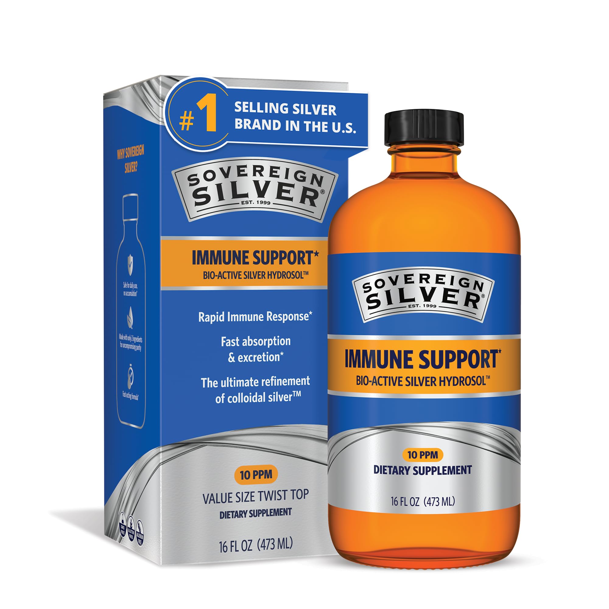 Sovereign Silver Immune Support, Colloidal Silver, 16 fl oz (473 mL) 16 Fl Oz (Pack of 1)