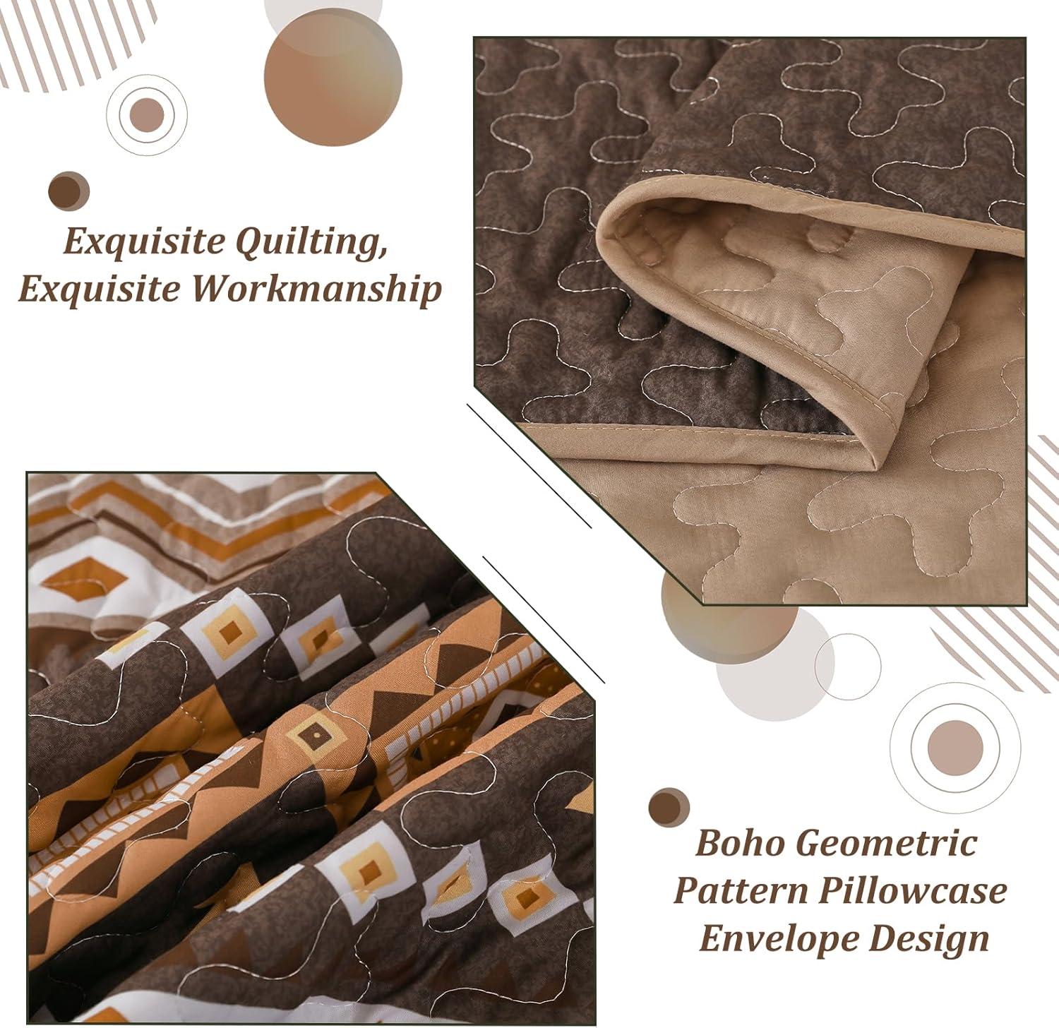 WONGS BEDDING Boho Quilt Set King Size,3 Pieces Brown Geometry Printed Bedspread Coverlet Set,Lightweight Microfiber Bedding Set with 2 Pillowcases,104"×90" - Image 5