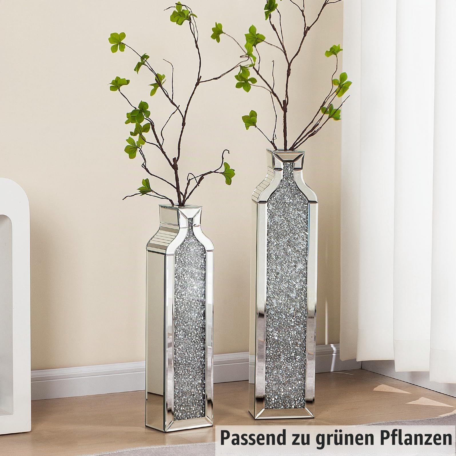 SHYFOY Crushed Diamond Spiegel Boden Vase Set aus 2 – Moderne Silberne Dekorative Kristall Große Vasen für Wohnzimmer, Schlafzimmer, Büro, 61 cm & 76 cm