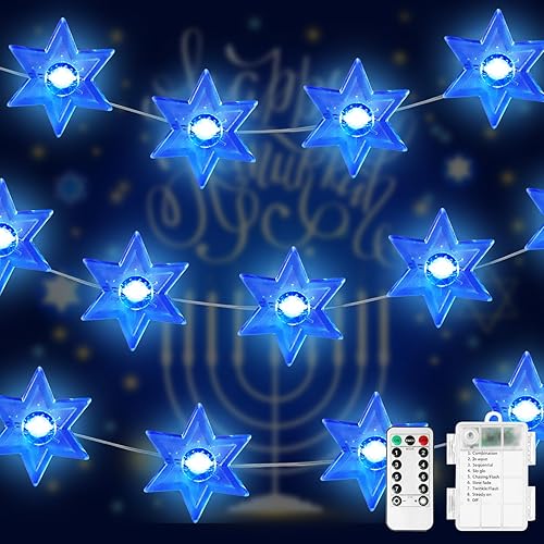 Guirnalda de luces con diseño de estrella de David, decoraciones de Janucá, 30 luces LED azules de Hanukkah, hexagrama de cobre, estrellas magen,