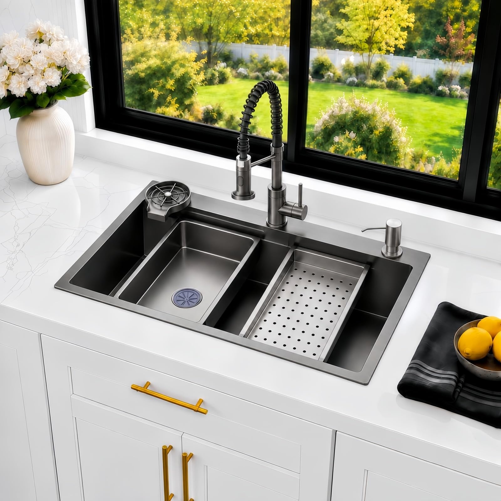 30in Black Stainless Steel Kitchen Sink: Drop In Workstation &amp; Accessories