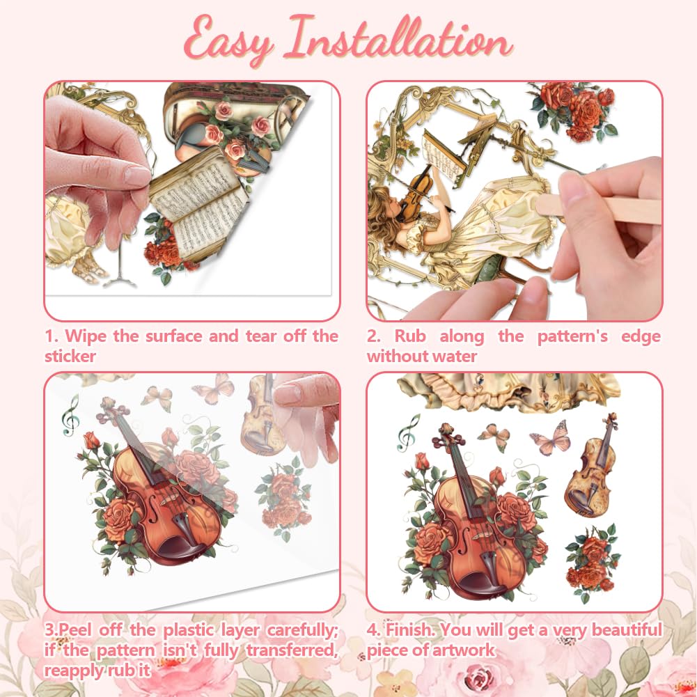 Peacoblue Baroque Rub on Transfers for Crafts 3Pcs Violin Female with Flower 15cmx30cm - Image 3
