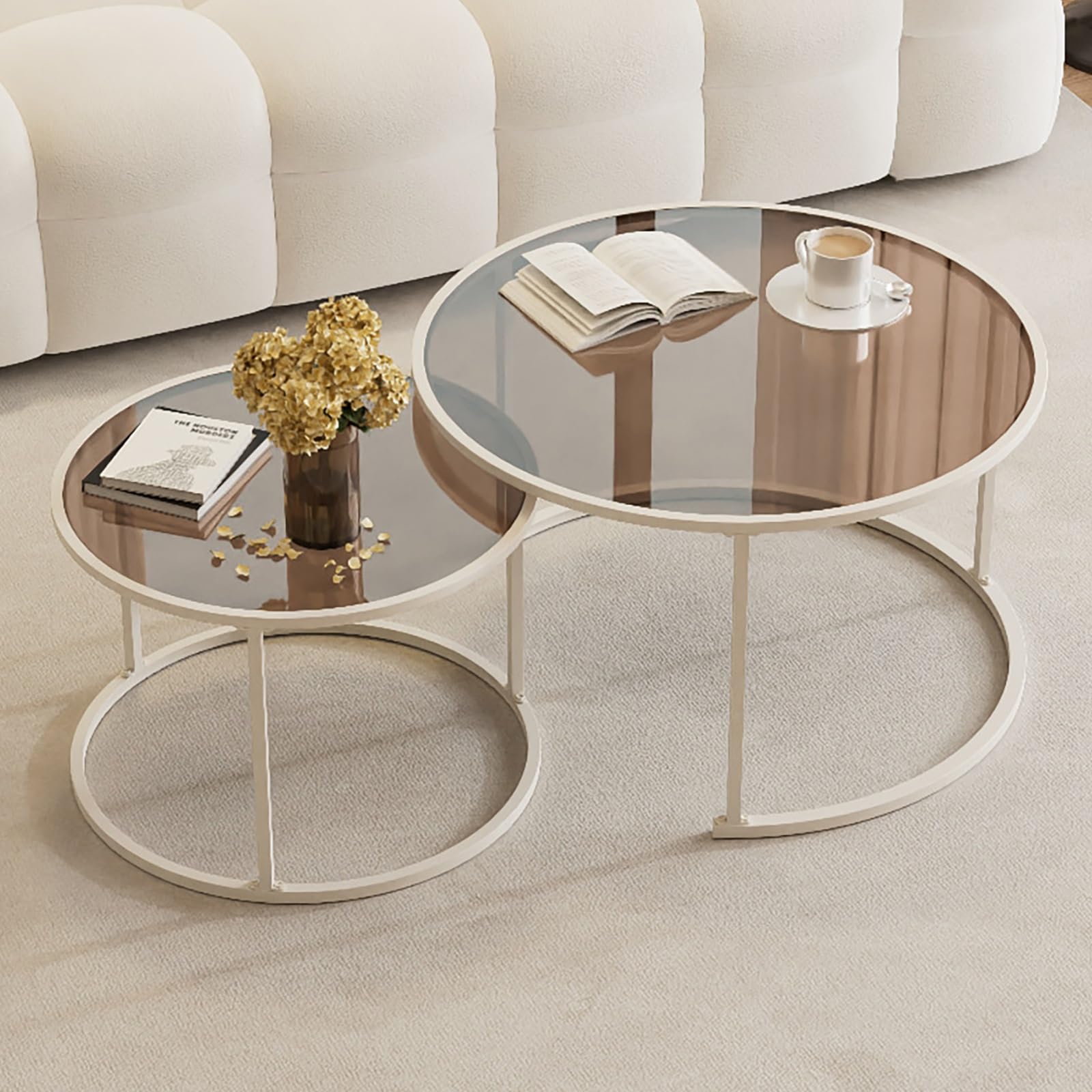 Lot de 2 tables basses rondes de salon design gigogne blanc et marron pour décoration appartement