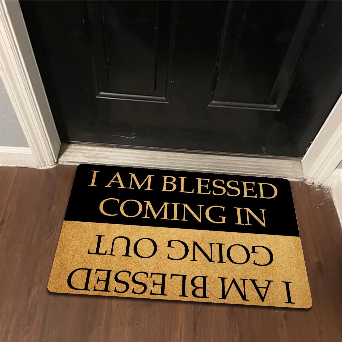 Funny Welcome Doormats Hello Doormat I AM Blessed Coming I AM Blessed Going Out Bless Doormat (17 in X 30 in) Fabric Top with a Anti-Slip Rubber Back for The Entrance Way Indoor Doormats