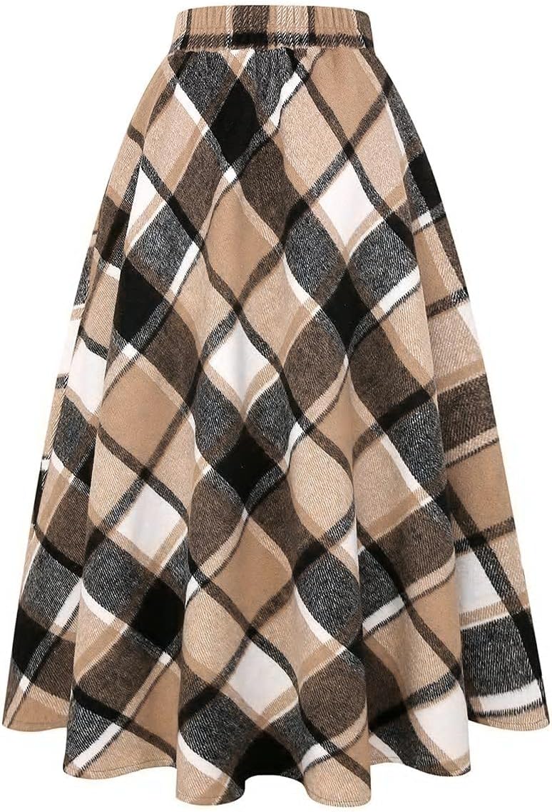 IDEALSANXUN Womens Plaid Wool Skirts Elastic Waist A-Line Pleated Tartan Long Skirts - Image 3