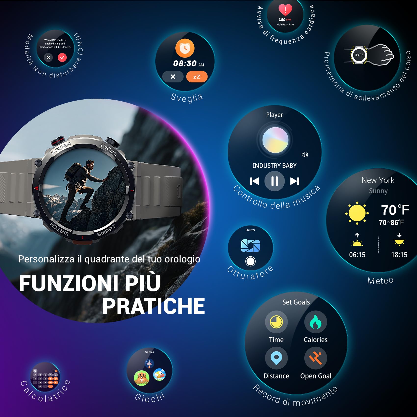Blackview Smartwatch Uomo, Orologio Intelligente Fitness con Chiamate Bluetooth,1.45" Militari Smart Watch Tracker 100+ Modalità Sportive per Cardiofrequenzimetro,SpO2, Torcia,Bussola per Android iOS