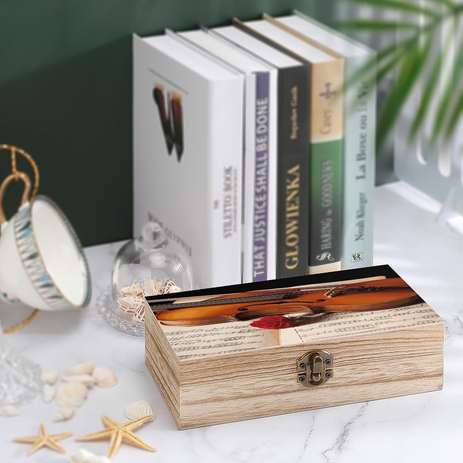 Violin Sheet Music Decorative Wooden Storage Box with Hinged Latch Lid, Natural Wood Keepsake Organizer Box for Photos Trinkets Home Desktop Decor Gift image 4