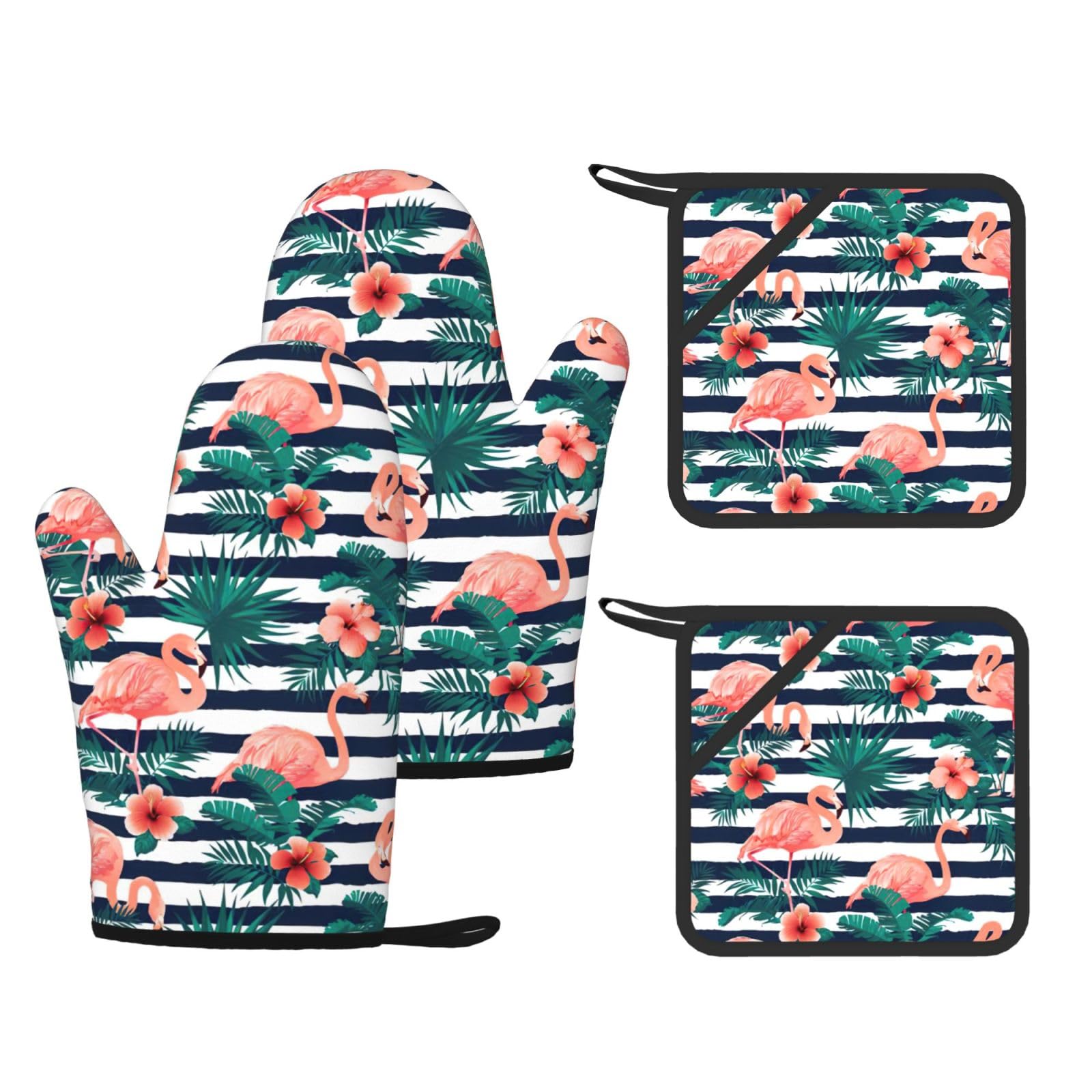 Eeprty Black Flamingo Bird Printed Kitchen Oven Gloves And Potholder 4 Pcs, Non-Slip Heat Resistant Mitts For Baking Chef