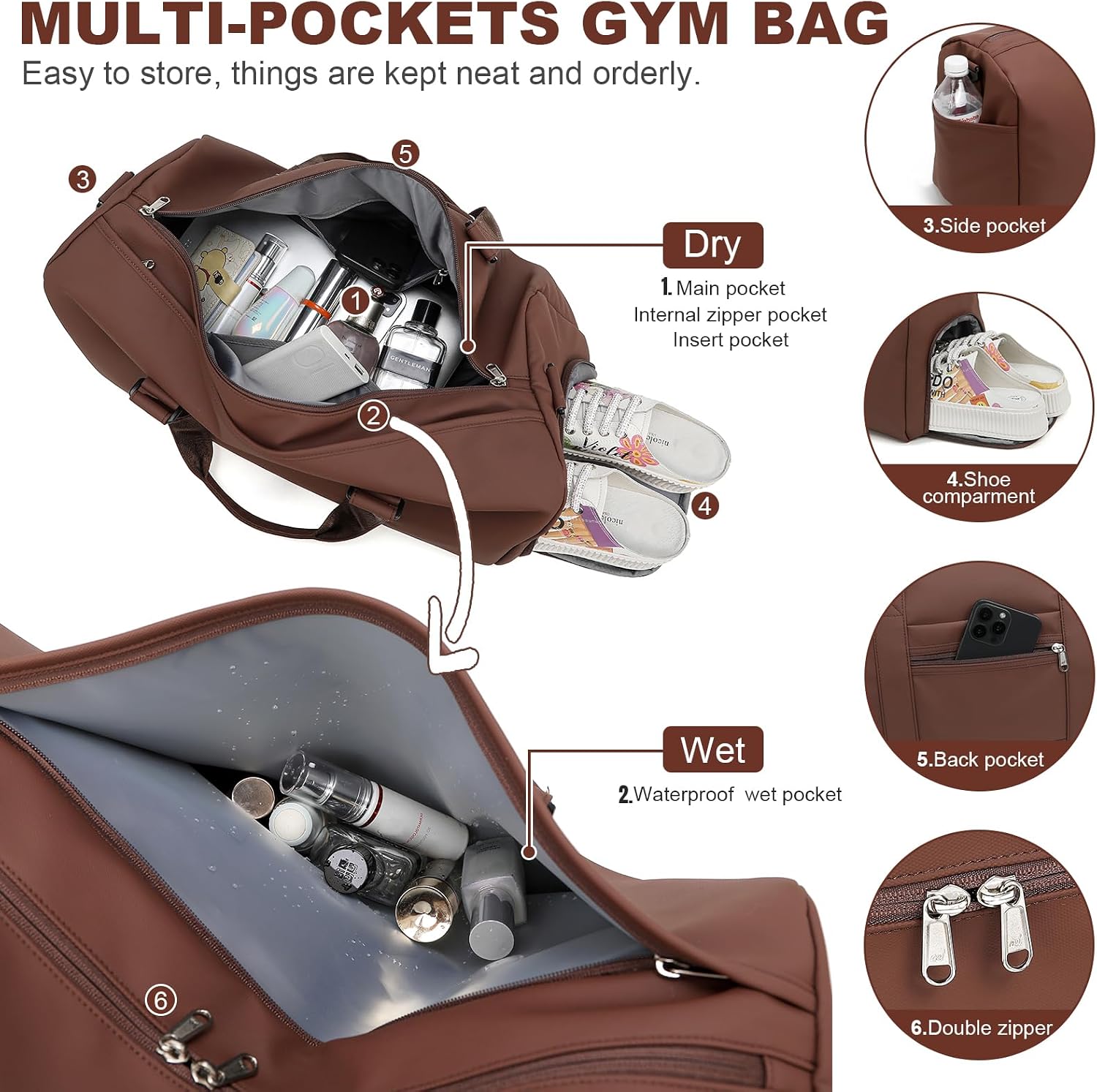 NOL Waterproof Gym Duffle Bag for Men & Women with Shoe & Wet Compartments, Multiple Pockets, Adjustable Shoulder Strap for Sports, Travel, Fitness, Workout & Hospital Use, Coffee
