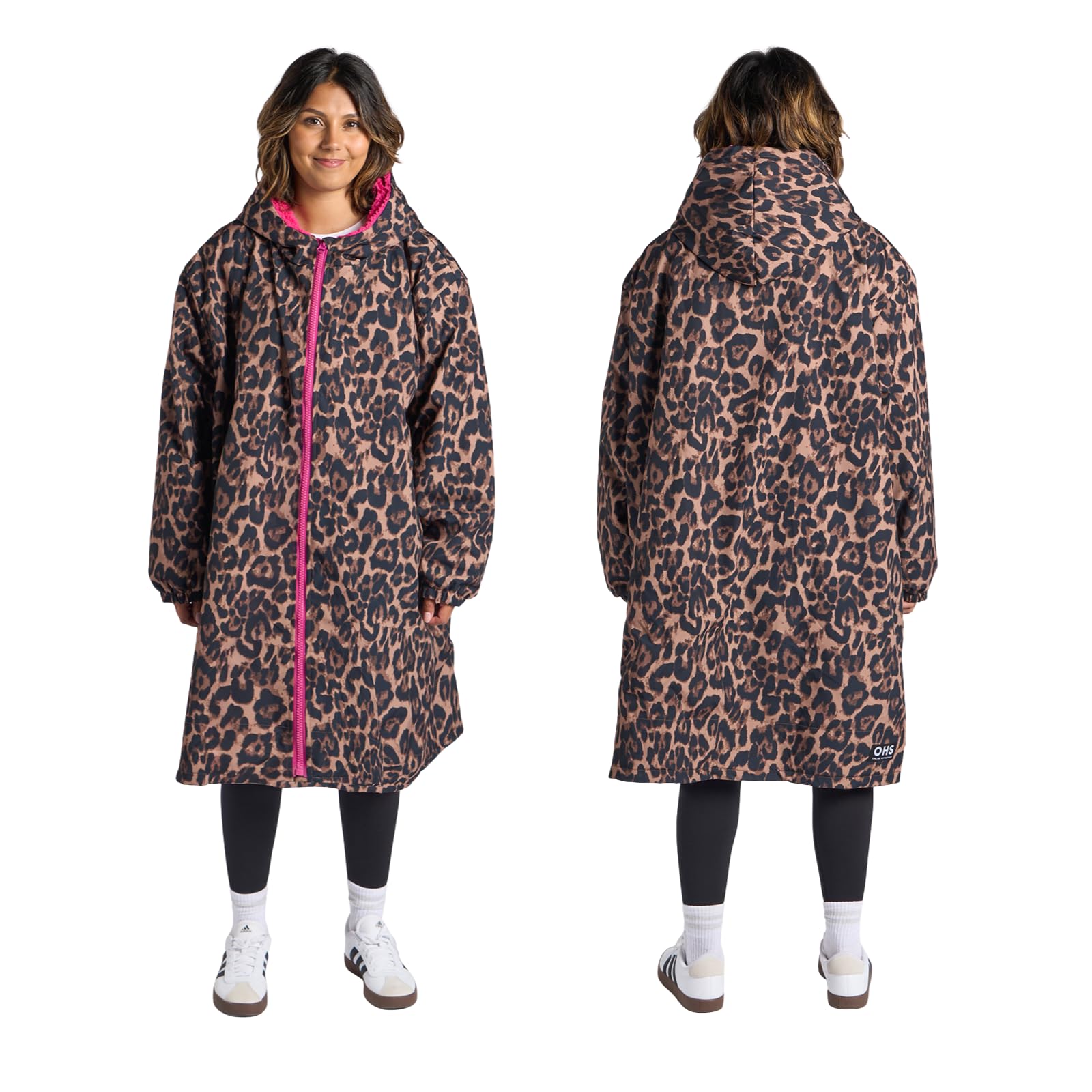 Ohs Women's Pink Leopard Print Jackets Changing Robe, Leopard Print Oversized Clothes Waterproof Jacket Lightweight Raincoat With Hood & Pockets Breathable Dry Robe Jackets For Outdoor, Pink - L/Xl