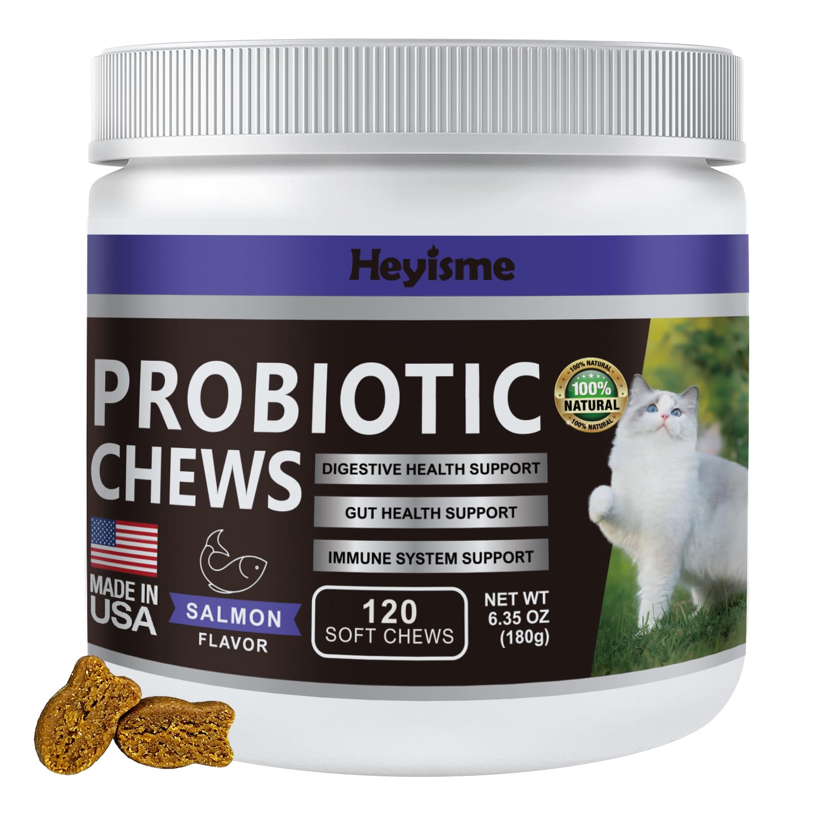 Cat Probiotic, Chews for Gut and Immune Health, Cats Probiotic Supplement for Cat Digestive Support, Healthy Digestion, Cat Constipation and Diarrhea Relief (Salmon, 120 Chews)