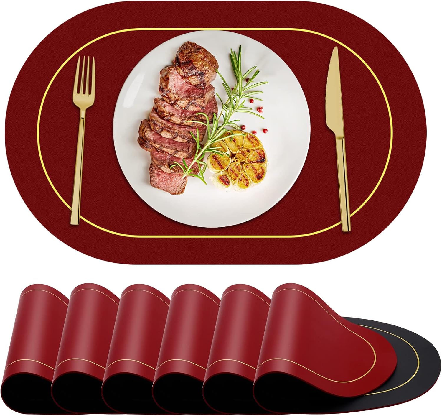 Oval Placemats Set of 6 MYGCCA Faux Leather Placemats for Dining Table Double Sided Color