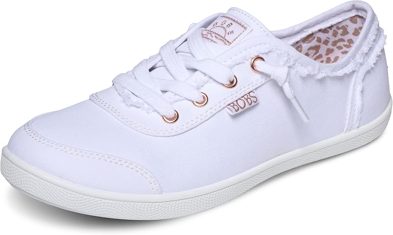 Zapatillas Skechers Bobs B Cute para mujer | Zapatilla casual, plantilla de espuma viscoelástica, lavable a máquina, suela flexible, parte superior de lona suave con cordones decorativos atados.