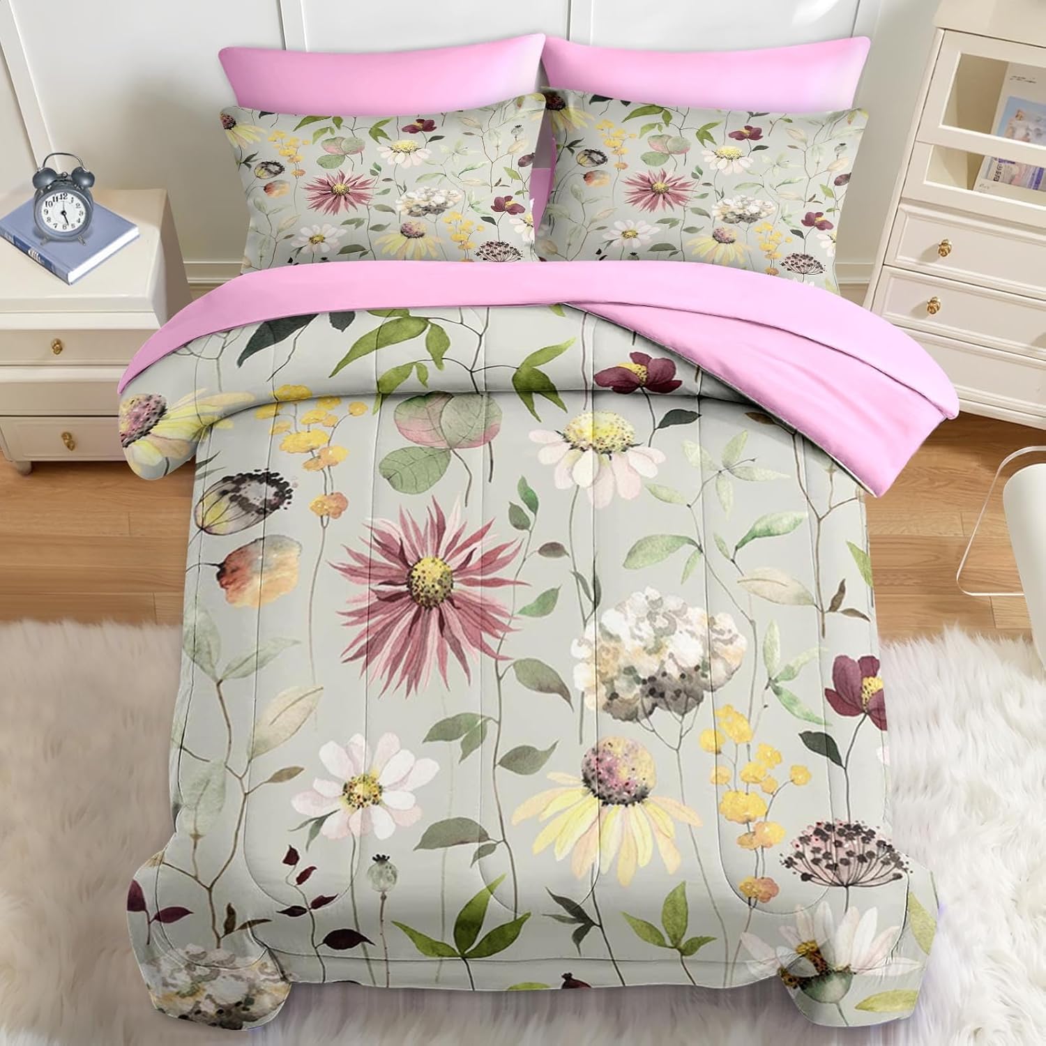 Nesker 7 Pcs Comforter Set Queen Size, Flower Summer Spring Bedding Set for Kids and Adults, Wildflower Vintage Floral Bed Sheet Sets with Fitted Sheet 2 Pillowcases & 2 Shams