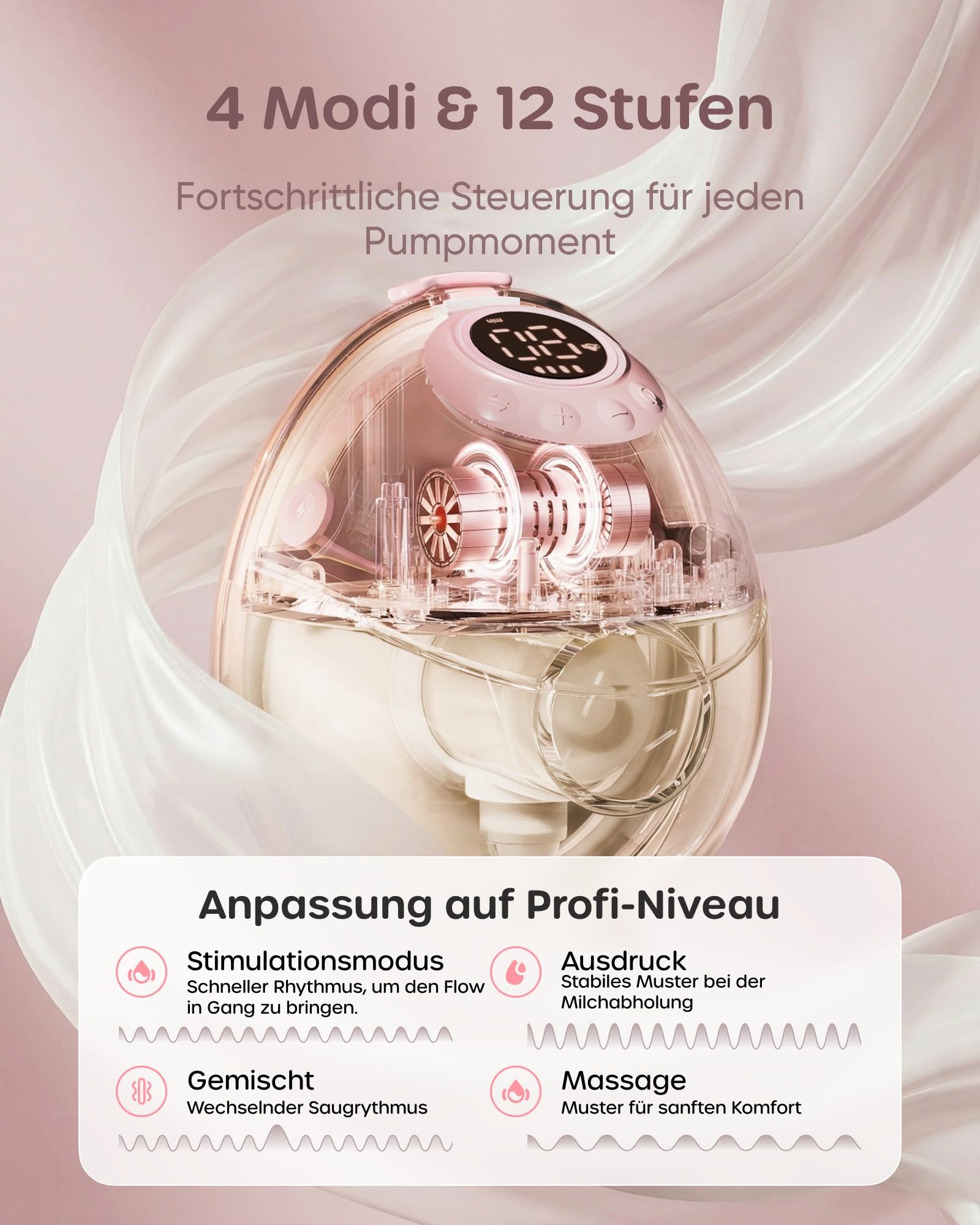 Nuliie JoyFlow Pro Tire-lait portable mains libres avec veilleuse & collecteur PPSU sans BPA, tire-lait électrique avec 4 modes & 12 niveaux, téterelle 24 mm, inserts 17/19/21 mm, lot de 2 Rose
