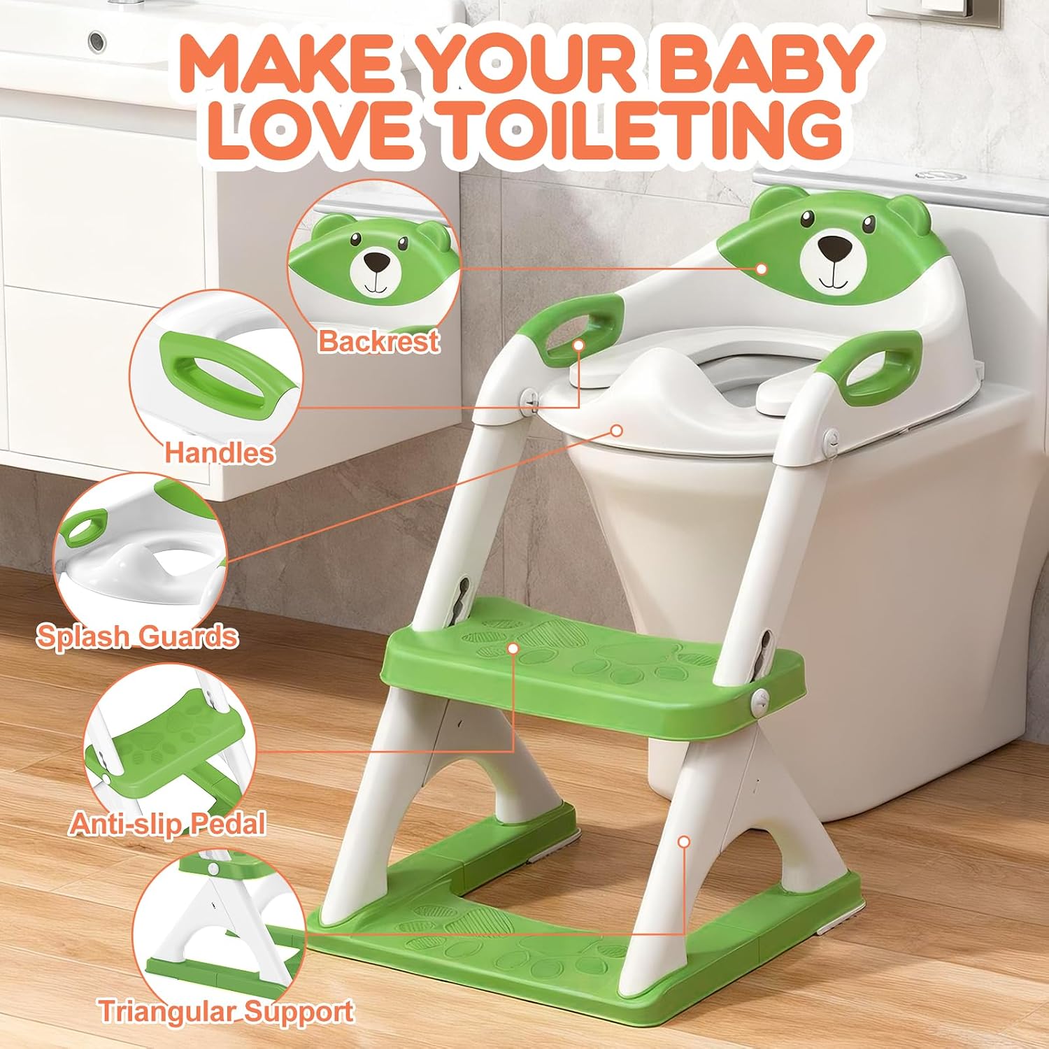 Potty Training Seat with Step Stool Ladder, Toddler Toilet Seat for Boys Girls, Adjustable 6 Heights Fits Round & Elongated Toilets, Anti-Slip Pads & Leak-Proof Guard