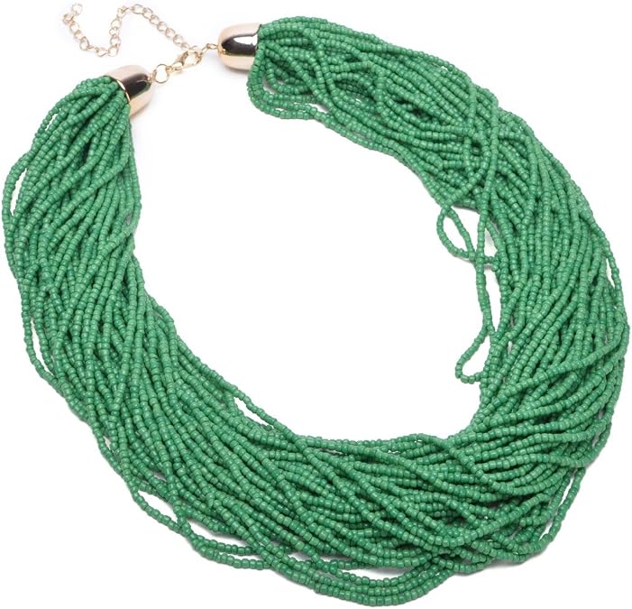 Jerollin Fashion Multilayer Seed Bead Chain Choker Collar Necklace Earrings Set Cluster Strand Handmade Bib Statement Necklace