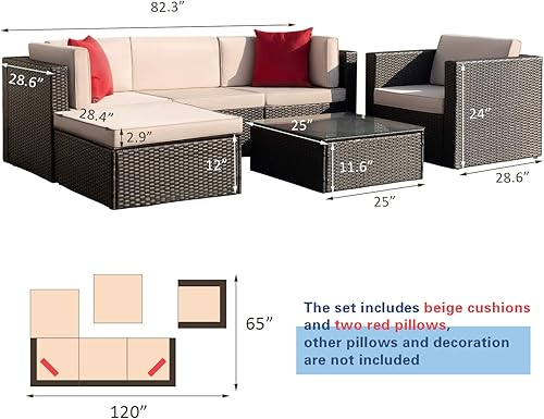 Miniatura 6 de Juego de muebles de patio de 6 piezas con sofá seccional al aire libre para exteriores juego de sofá de patio conjunto de conversación con cojín y