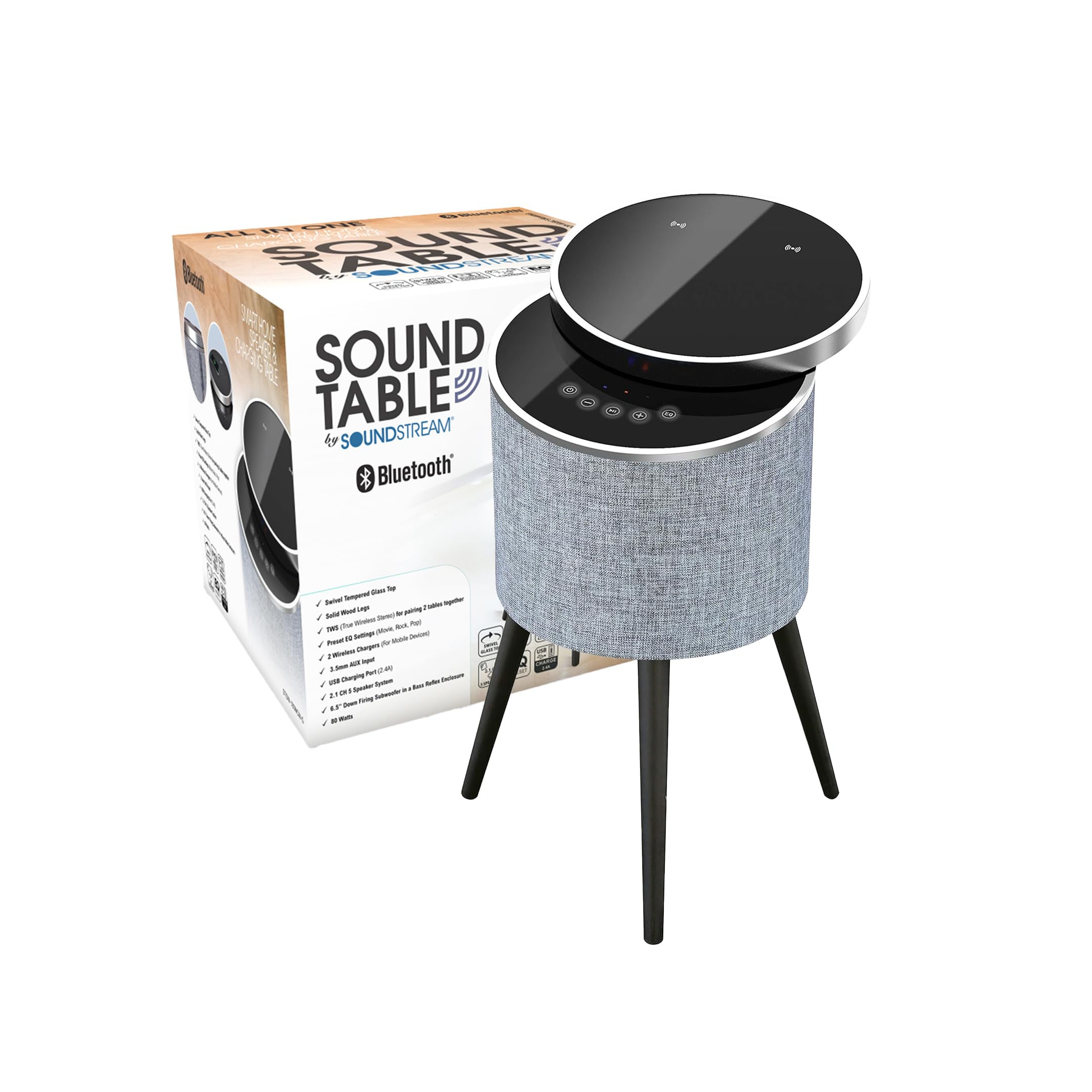 Soundstream Bluetooth Sound Table with Swivel Top, Built-in Bluetooth Speaker and Qi Wireless Charging