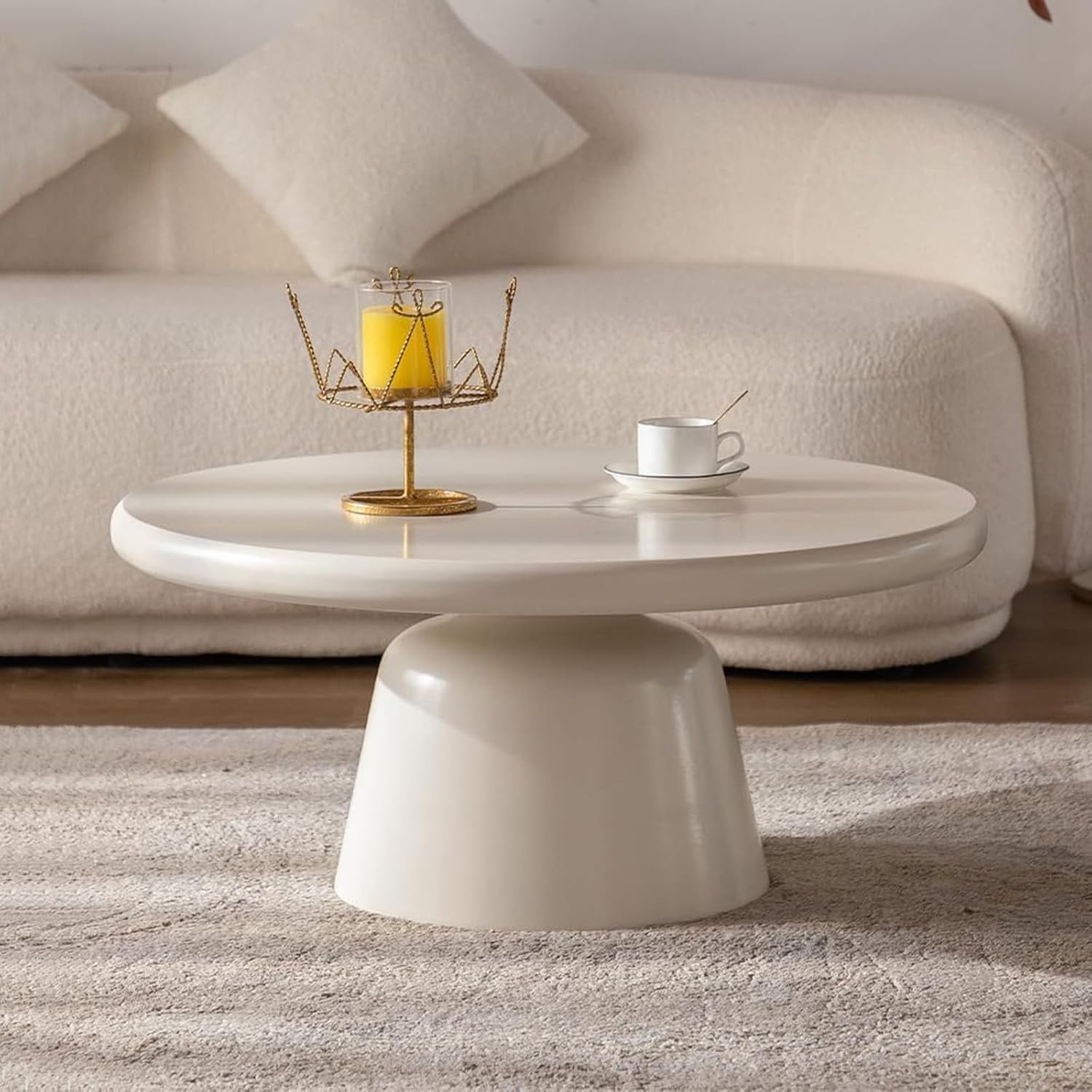 31.5in Cream White Coffee Table, Mid-Century Minimalist Round Low Floor Tea Table, with 19.69in Sturdy Pedestal, for Small Space (Cream White 31.5in)