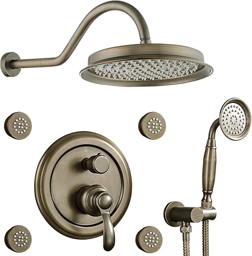 Miniatura 50 de Sistema de ducha antiguo de oro cepillado con chorros: Juegos de grifos de lluvia de 9 pulgadas Conjunto completo de cabezal de lluvia de pared