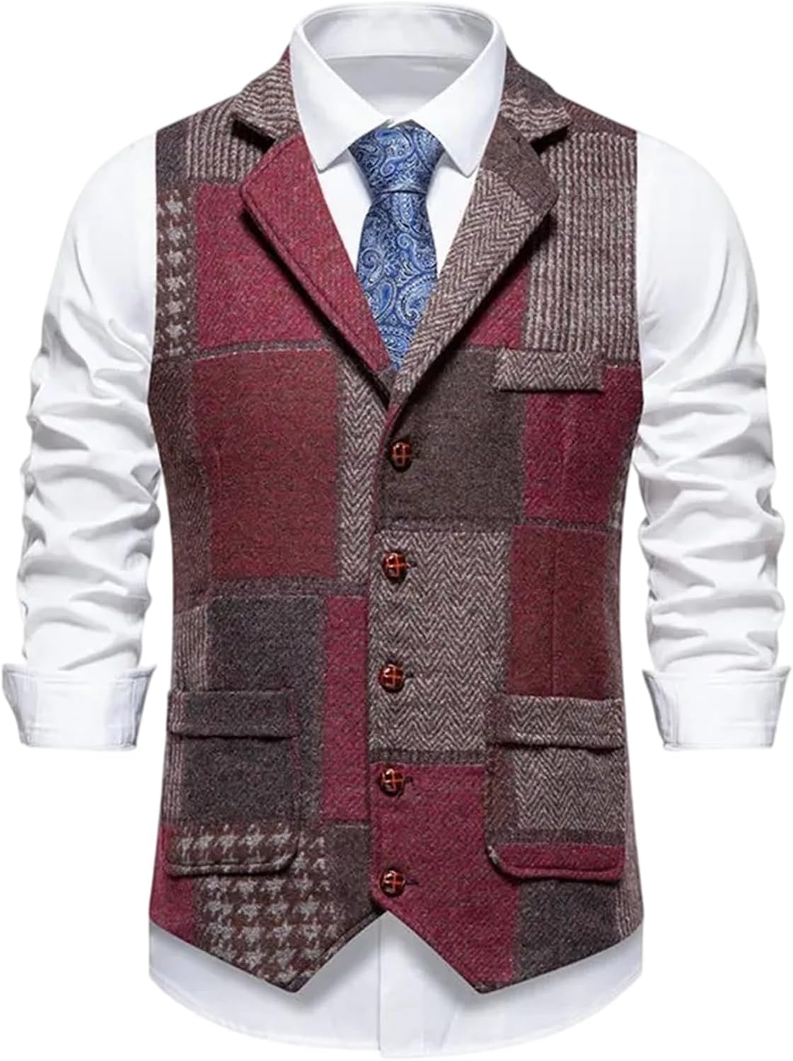 Autumn Men's Retro Lapel Patchwork Pockets Suit Vest British Casual Vintage Gentleman Party Outerwear