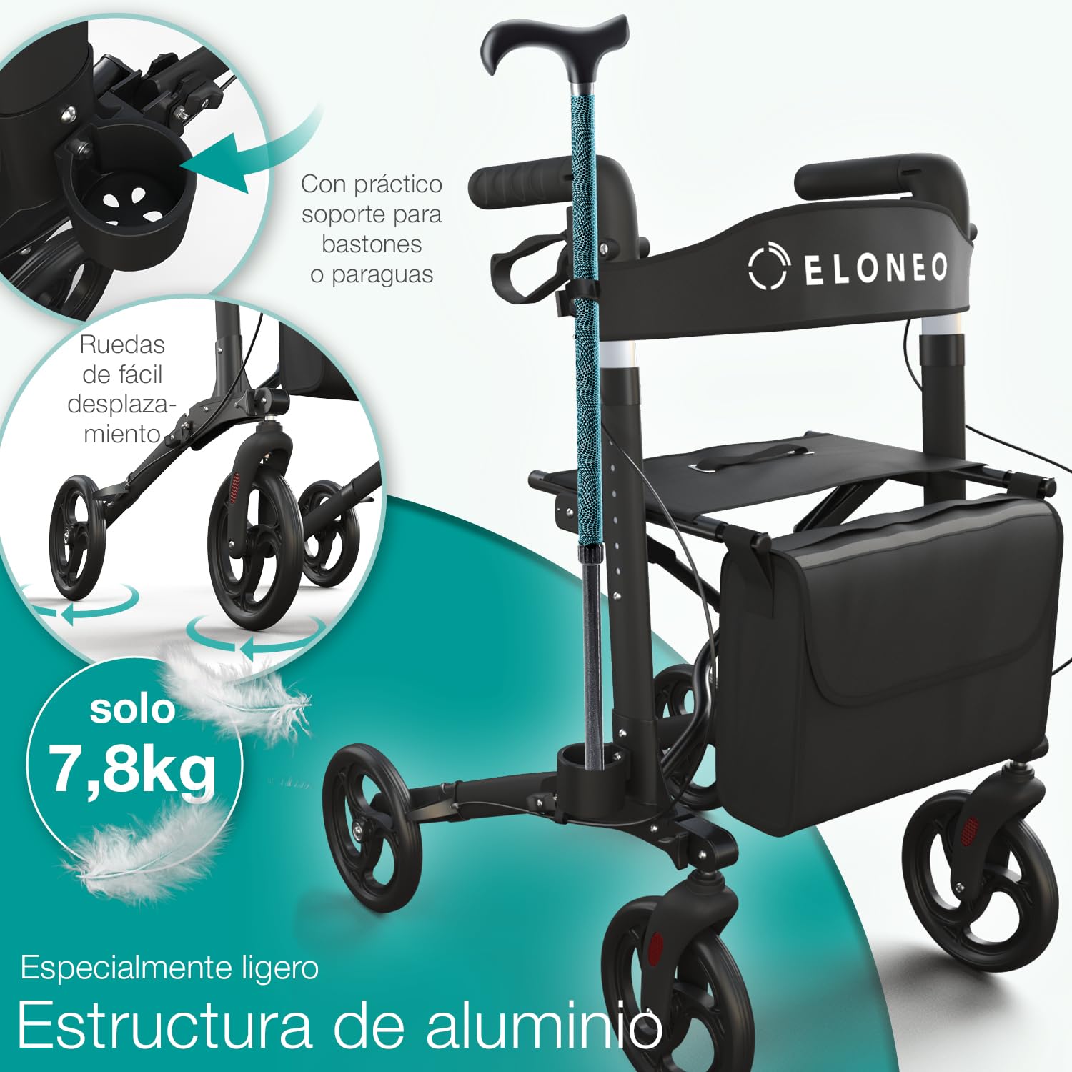 ELONEO Andador para Ancianos con Asiento - Ligero, Compacto y Plegable, Aluminio, 8 Alturas Regulables, Caminador para Mayores con Bolsa y Soporte para Paraguas, Compatible con Coches (Negro)