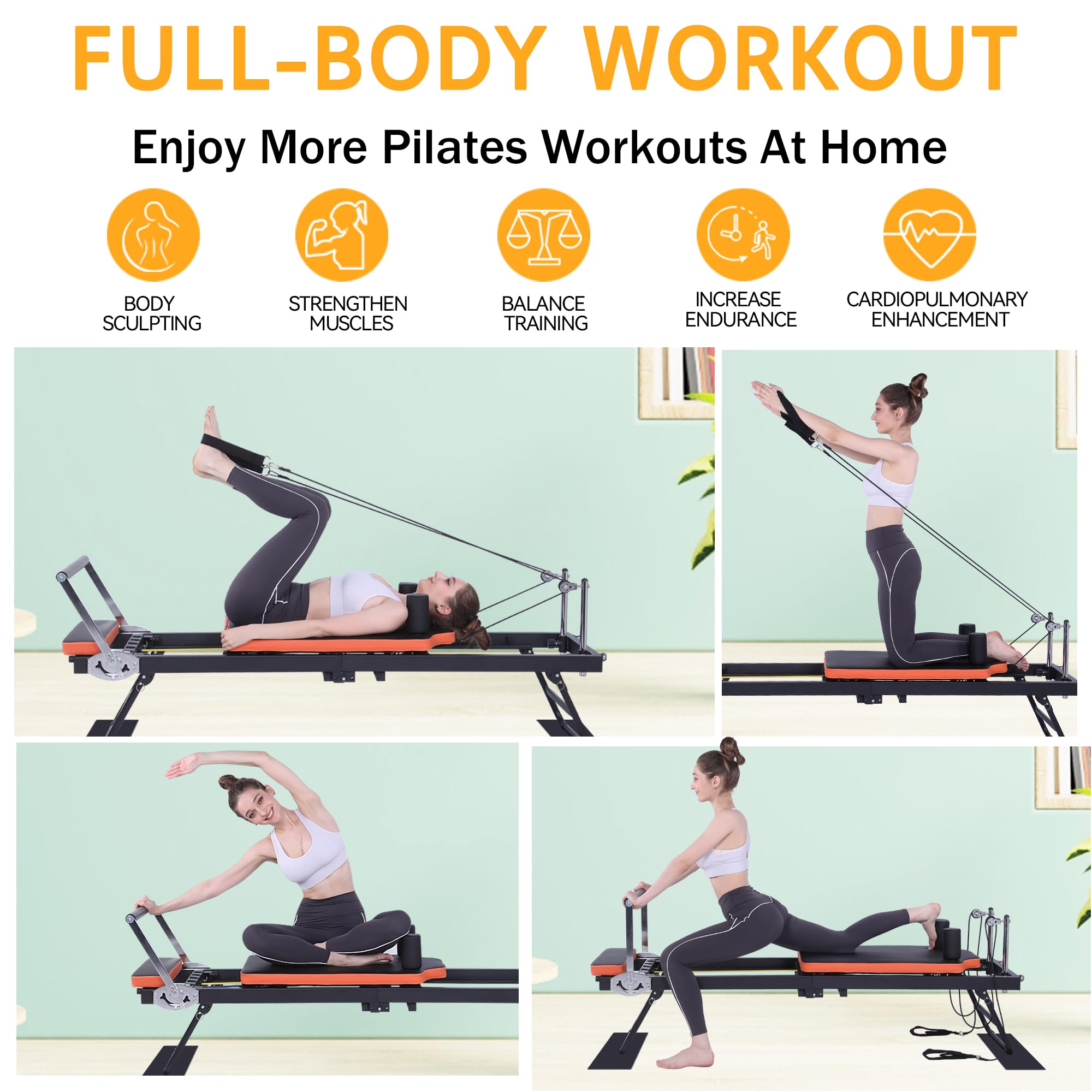 Pilates Reformer, Foldable Pilates Machine (with 4 Springs & 5 Resistance Cords) for Home Gym Studio Workout, Folding Pilate Equipment for Beginners & Advanced Users (4-6 Feet)