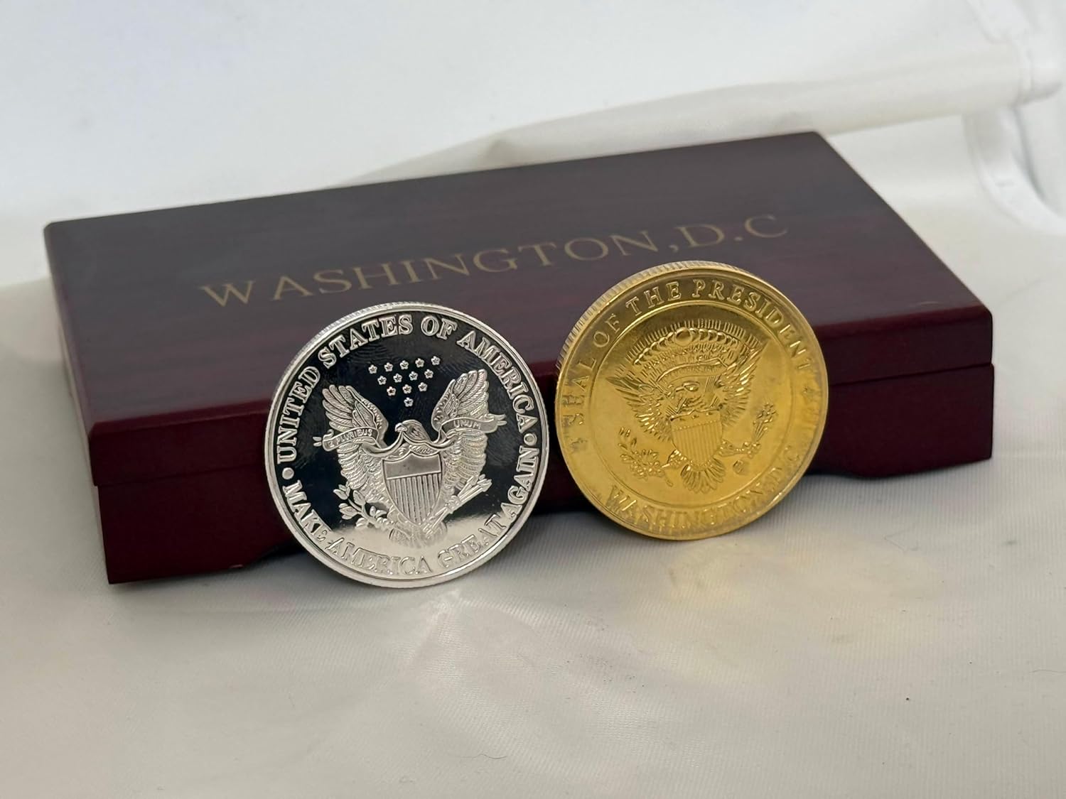 Donald J. Trump 45th & 47th President and White House 2-Coin Collectible Set – Washington D.C. Redwood Display Box with Acrylic Protectors